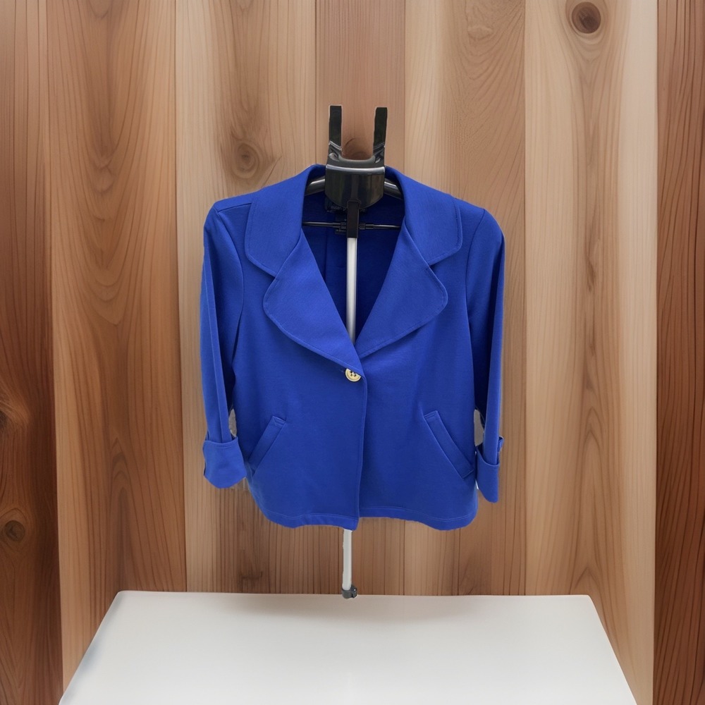 Susan Graver Ladies Blue Swing Jacket cuff sleeves pockets Career Wear Size M